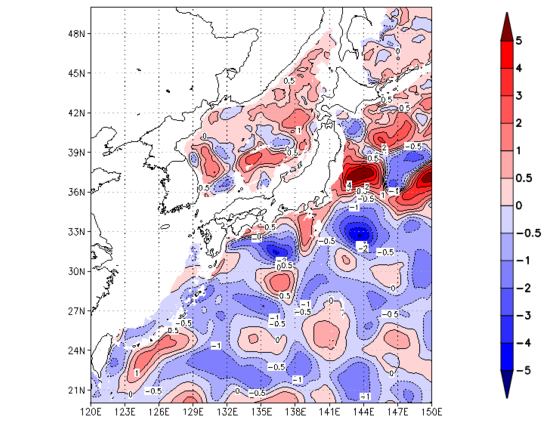 海面~740m月平均表層水温偏差分布