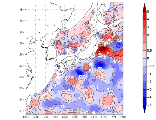 海面~740m月平均表層水温偏差分布