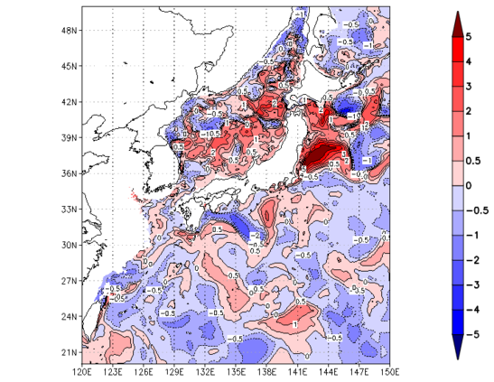 海面~100m月平均表層水温偏差分布