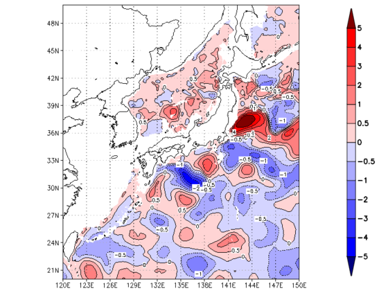 海面~740m月平均表層水温偏差分布