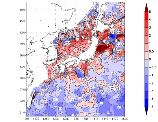 海面~100m月平均表層水温偏差分布