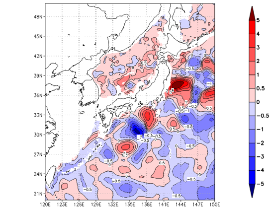海面~740m月平均表層水温偏差分布