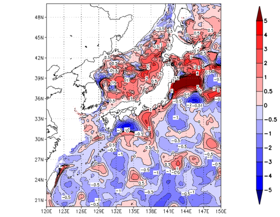 海面~100m月平均表層水温偏差分布