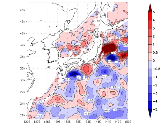 海面~740m月平均表層水温偏差分布