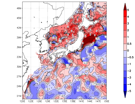 海面~100m月平均表層水温偏差分布