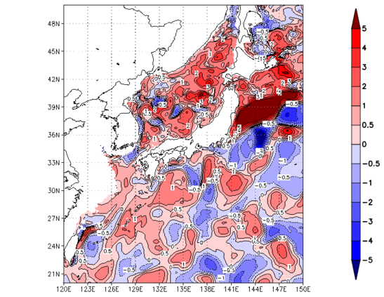 海面~100m月平均表層水温偏差分布