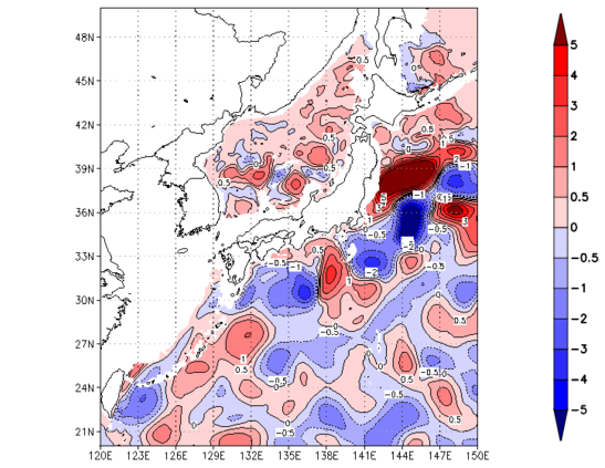 海面~740m月平均表層水温偏差分布
