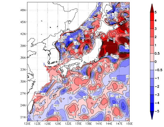 海面~100m月平均表層水温偏差分布