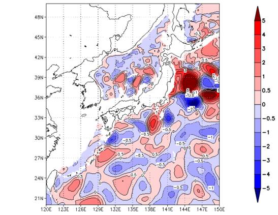 海面~740m月平均表層水温偏差分布