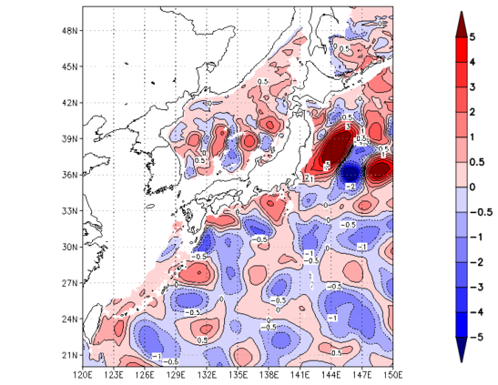 海面~740m月平均表層水温偏差分布