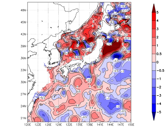 海面~100m月平均表層水温偏差分布