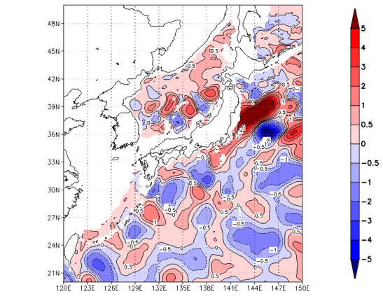 海面~740m月平均表層水温偏差分布