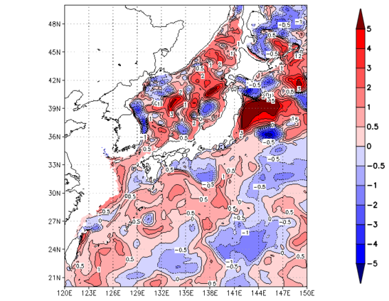 海面~100m月平均表層水温偏差分布