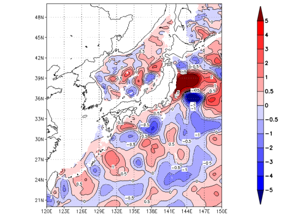 海面~740m月平均表層水温偏差分布