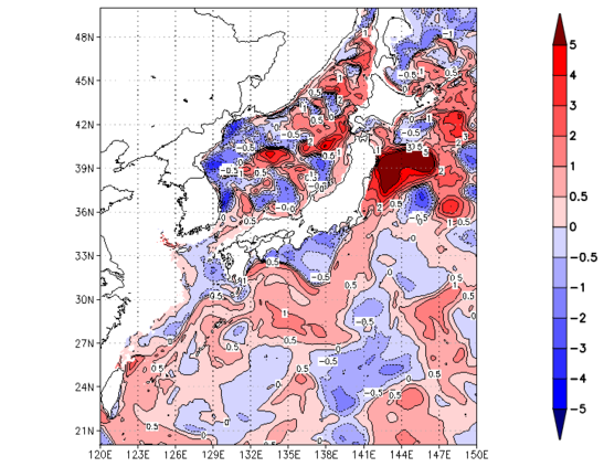 海面~100m月平均表層水温偏差分布