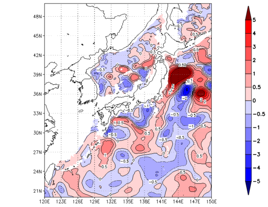 海面~740m月平均表層水温偏差分布