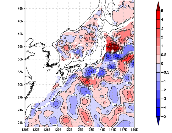 海面~740m月平均表層水温偏差分布