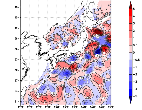 海面~740m月平均表層水温偏差分布