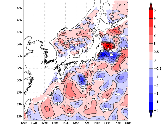 海面~740m月平均表層水温偏差分布