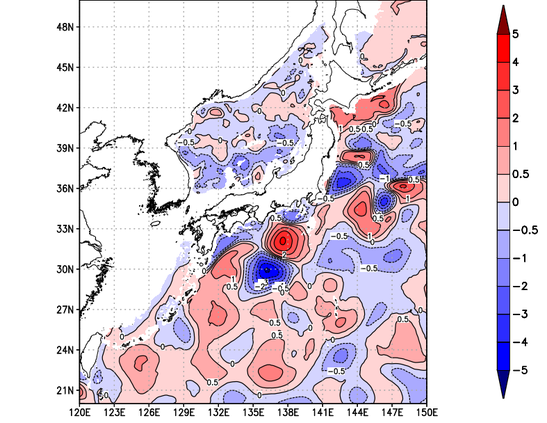 海面~740m月平均表層水温偏差分布