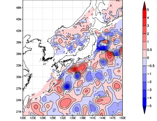 海面~740m月平均表層水温偏差分布
