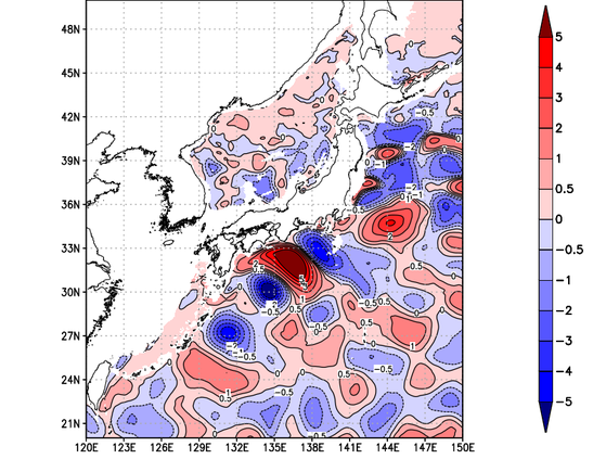 海面～740m月平均表層水温偏差分布