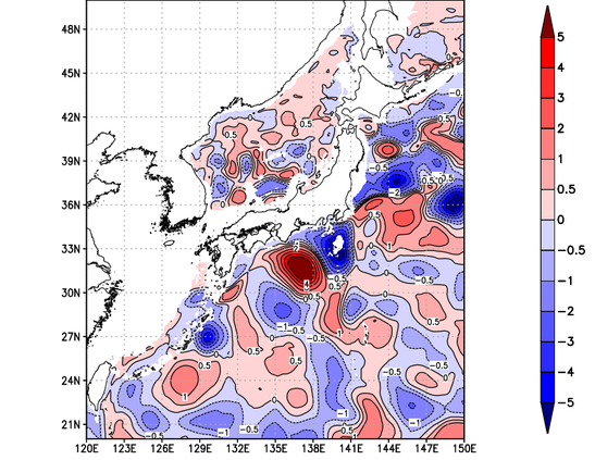 海面～740m月平均表層水温偏差分布