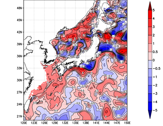 海面～100m月平均表層水温偏差分布