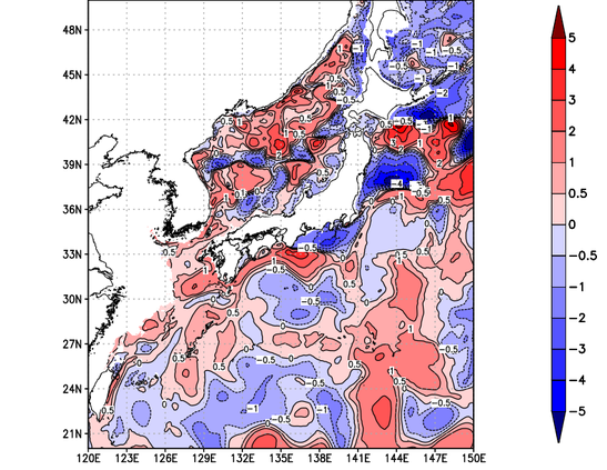 海面～100m月平均表層水温偏差分布