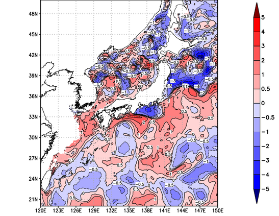海面～100m月平均表層水温偏差分布
