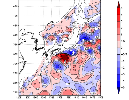 海面～740m月平均表層水温偏差分布