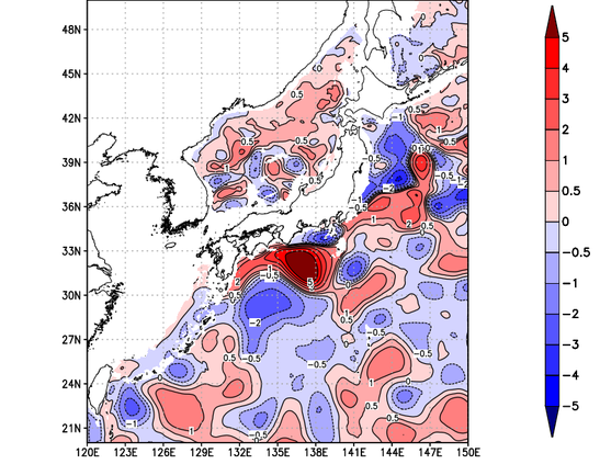 海面～740m月平均表層水温偏差分布