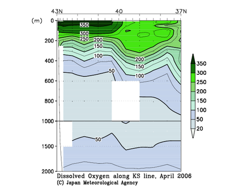 北海道周辺・日本東方の2006年春季の溶存酸素量