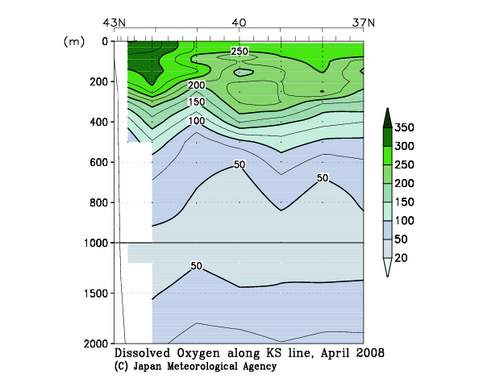 北海道周辺・日本東方の2008年春季の溶存酸素量