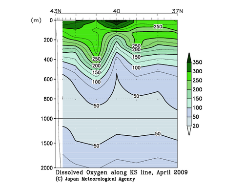 北海道周辺・日本東方の2009年春季の溶存酸素量