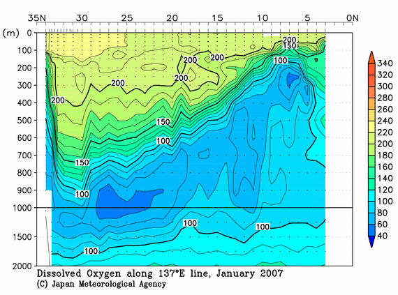 北西太平洋域の2007年冬季の溶存酸素量