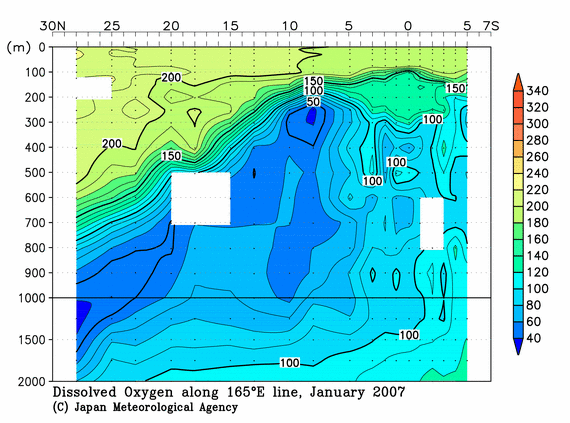 北西太平洋域の2007年冬季の溶存酸素量