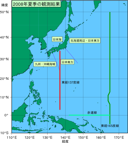 北西太平洋域(2008年夏季)の観測線図
