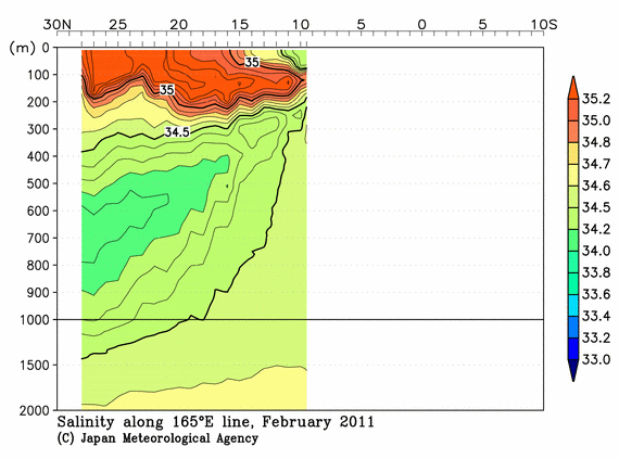 北西太平洋域の2011年冬季の塩分
