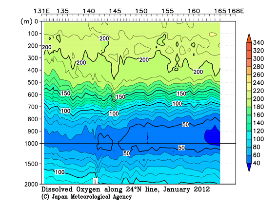 北西太平洋域の2012年冬季の溶存酸素量