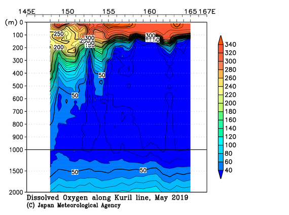 北西太平洋域の2019年春季の溶存酸素量