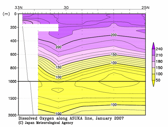 日本南方の2007年冬季の溶存酸素量