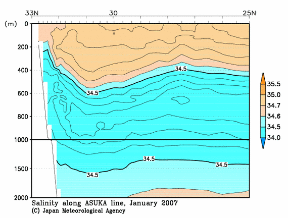 日本南方の2007年冬季の塩分