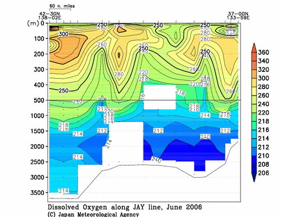 日本海の2006年夏季の溶存酸素量