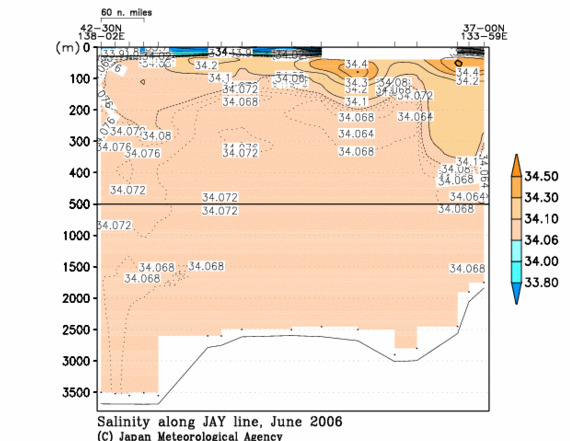 日本海の2006年夏季の塩分
