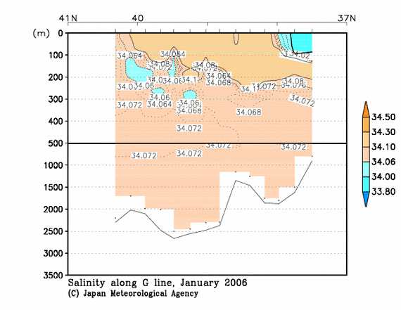 日本海の2006年冬季の塩分