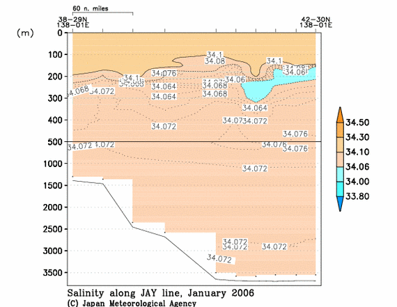 日本海の2006年冬季の塩分