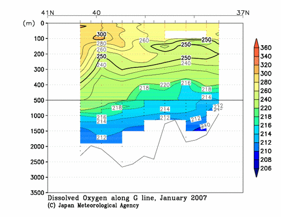 日本海の2007年冬季の溶存酸素量