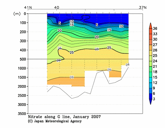 日本海の2007年冬季の硝酸塩