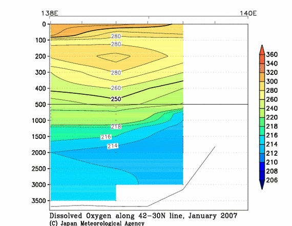 日本海の2007年冬季の溶存酸素量